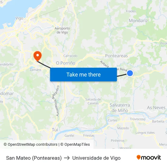 San Mateo (Ponteareas) to Universidade de Vigo map