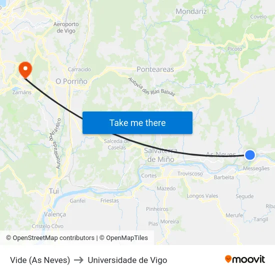Vide (As Neves) to Universidade de Vigo map