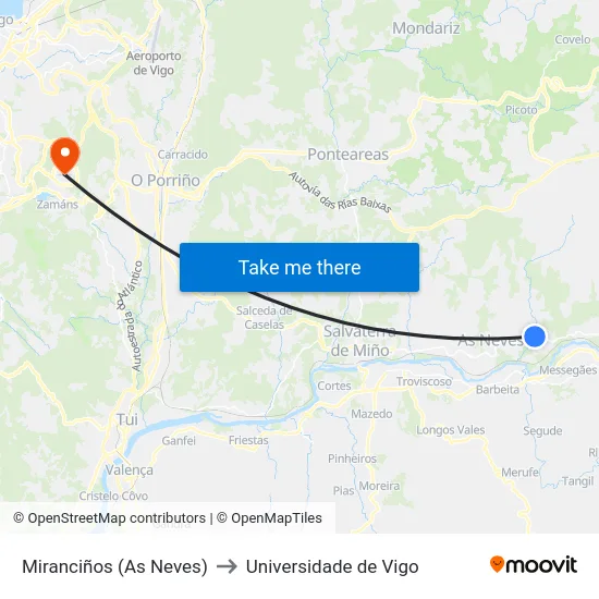 Miranciños (As Neves) to Universidade de Vigo map