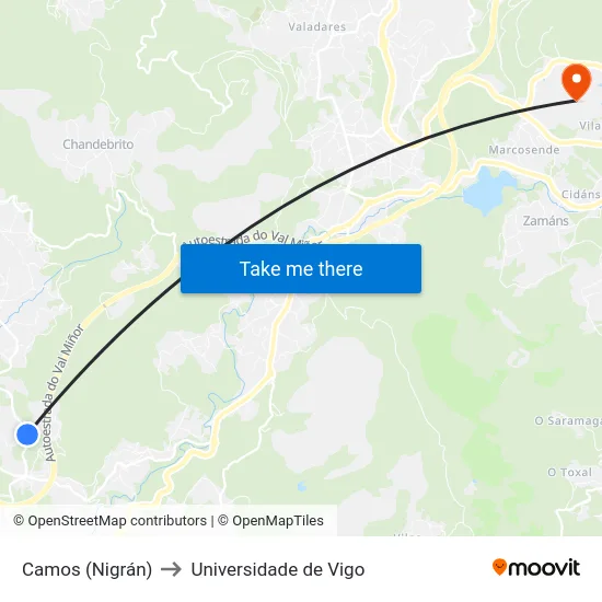 Camos (Nigrán) to Universidade de Vigo map