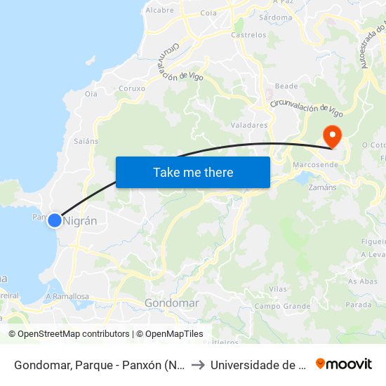 Gondomar, Parque - Panxón (Nigrán) to Universidade de Vigo map