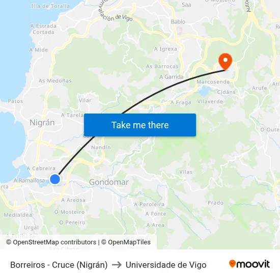 Borreiros - Cruce (Nigrán) to Universidade de Vigo map