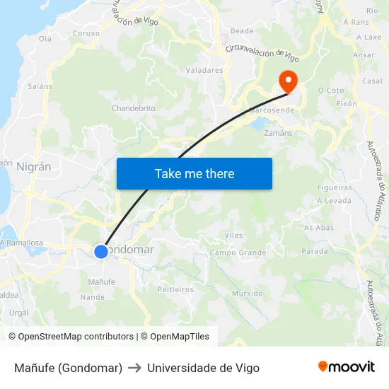 Mañufe (Gondomar) to Universidade de Vigo map