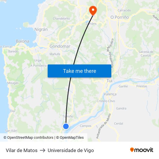 Vilar de Matos to Universidade de Vigo map