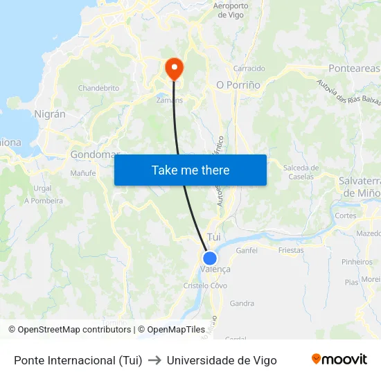 Ponte Internacional (Tui) to Universidade de Vigo map