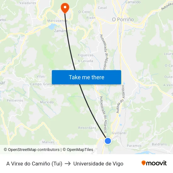A Virxe do Camiño (Tui) to Universidade de Vigo map