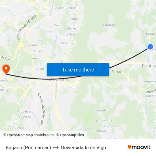 Bugarín (Ponteareas) to Universidade de Vigo map