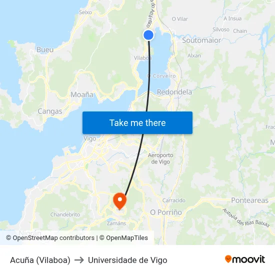 Acuña (Vilaboa) to Universidade de Vigo map