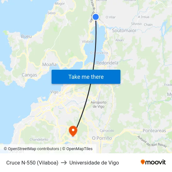 Cruce N-550 (Vilaboa) to Universidade de Vigo map