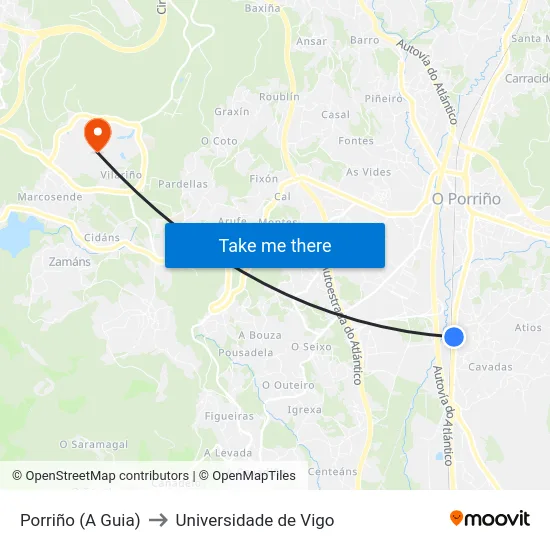 Porriño (A Guia) to Universidade de Vigo map