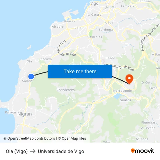 Oia (Vigo) to Universidade de Vigo map