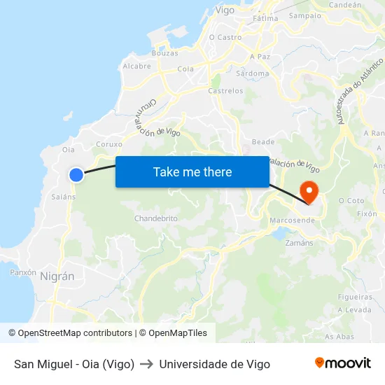 San Miguel - Oia (Vigo) to Universidade de Vigo map