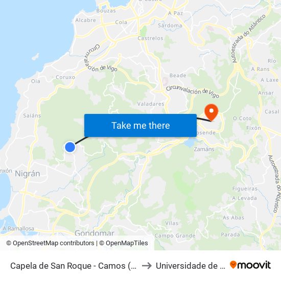 Capela de San Roque - Camos (Nigrán) to Universidade de Vigo map