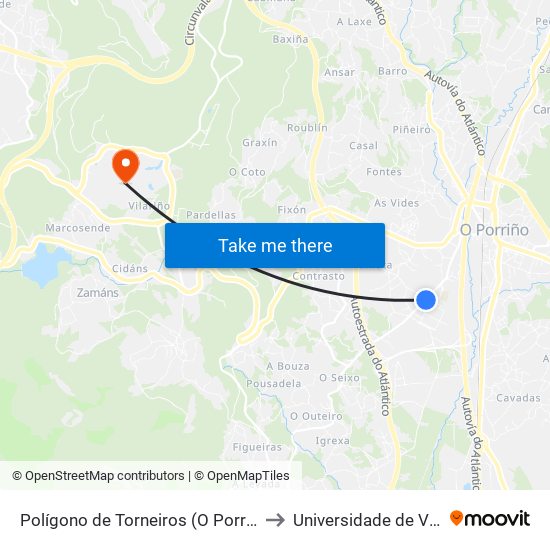 Polígono de Torneiros (O Porriño) to Universidade de Vigo map