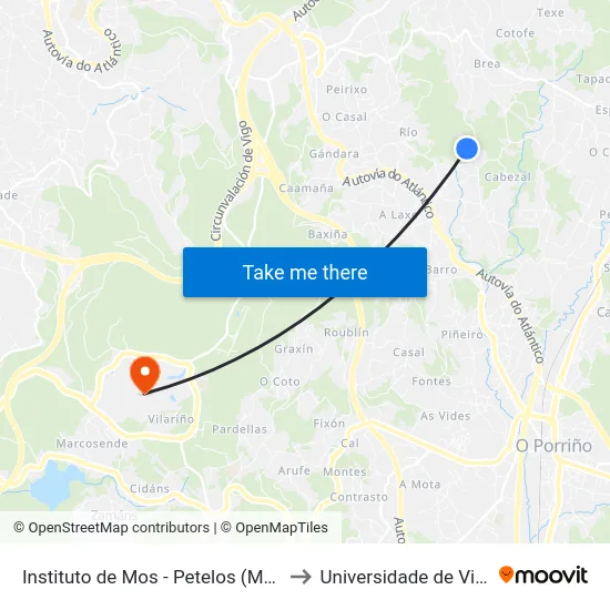 Instituto de Mos - Petelos (Mos) to Universidade de Vigo map