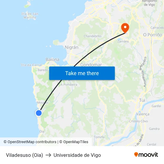 Viladesuso (Oia) to Universidade de Vigo map