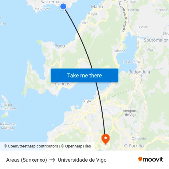 Areas (Sanxenxo) to Universidade de Vigo map