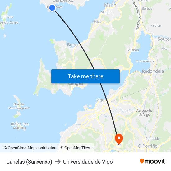 Canelas (Sanxenxo) to Universidade de Vigo map