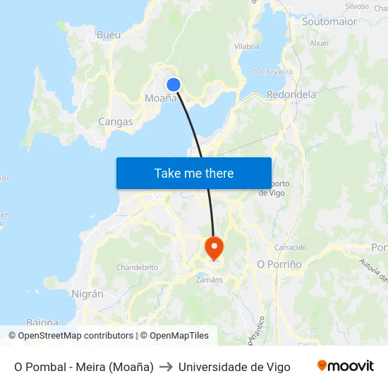 O Pombal - Meira (Moaña) to Universidade de Vigo map
