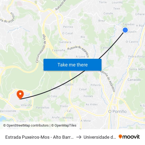 Estrada Puxeiros-Mos - Alto Barreiros (Mos) to Universidade de Vigo map