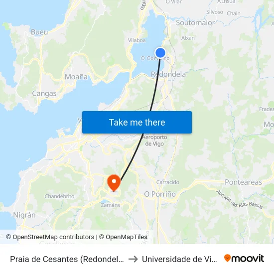 Praia de Cesantes (Redondela) to Universidade de Vigo map