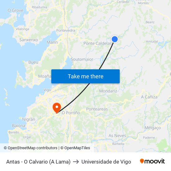Antas - O Calvario (A Lama) to Universidade de Vigo map