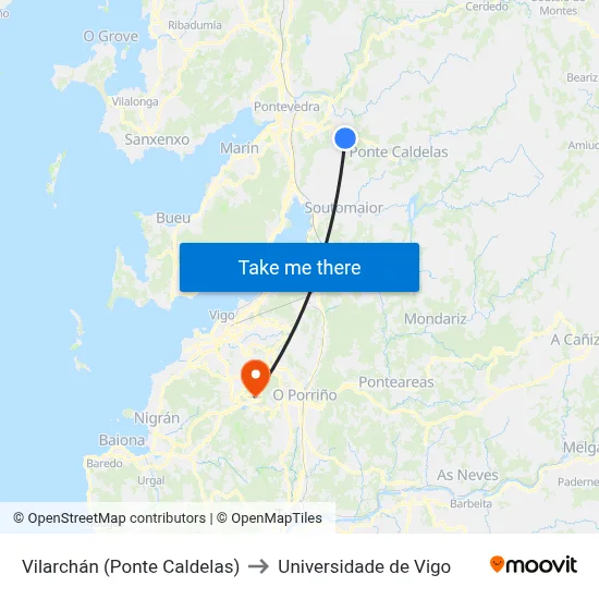 Vilarchán (Ponte Caldelas) to Universidade de Vigo map