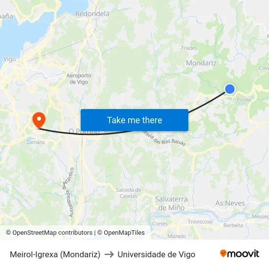 Meirol-Igrexa (Mondariz) to Universidade de Vigo map