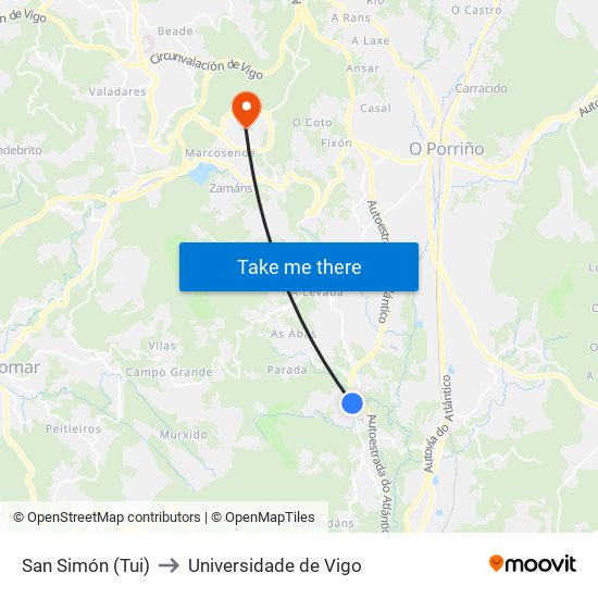 San Simón (Tui) to Universidade de Vigo map