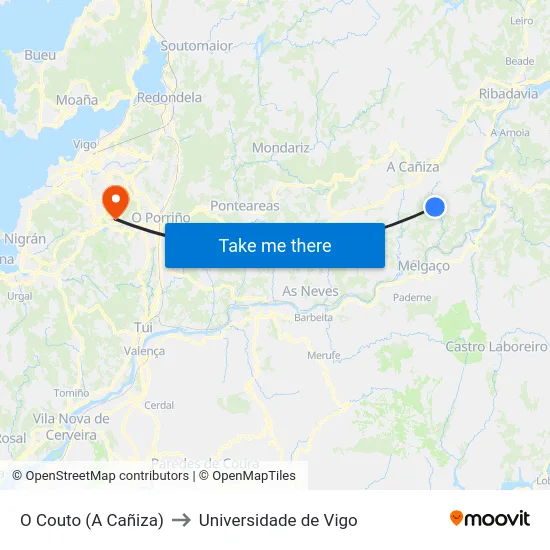 O Couto (A Cañiza) to Universidade de Vigo map