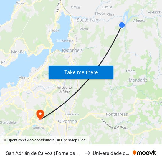 San Adrián de Calvos (Fornelos de Montes) to Universidade de Vigo map