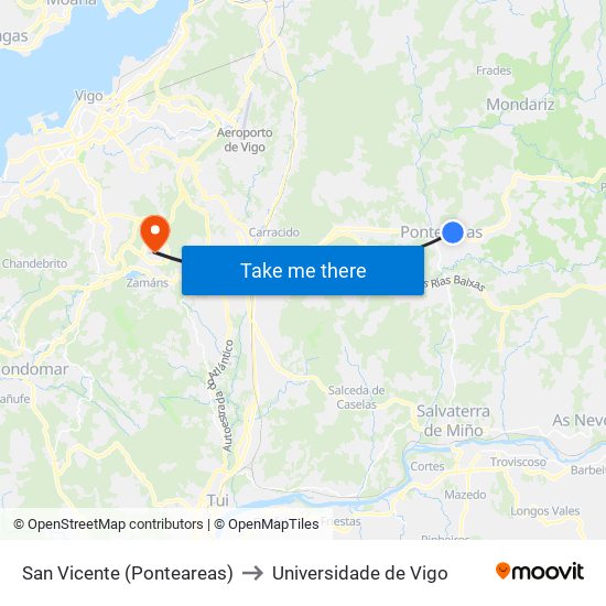 San Vicente (Ponteareas) to Universidade de Vigo map