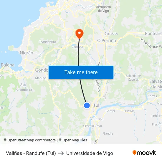 Valiñas - Randufe (Tui) to Universidade de Vigo map