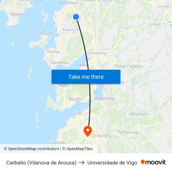 Carballo (Vilanova de Arousa) to Universidade de Vigo map
