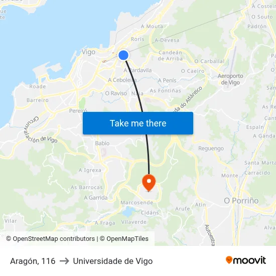 Aragón, 116 to Universidade de Vigo map