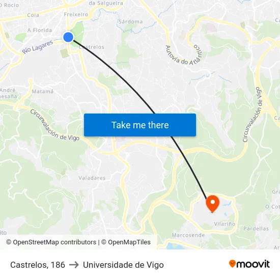 Castrelos, 186 to Universidade de Vigo map
