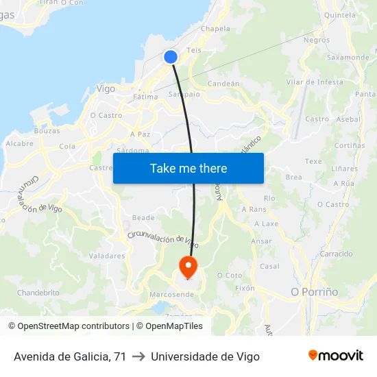 Avenida de Galicia, 71 to Universidade de Vigo map