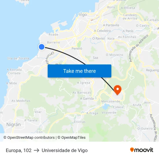 Europa, 102 to Universidade de Vigo map