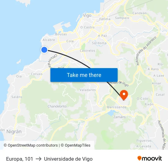 Europa, 101 to Universidade de Vigo map