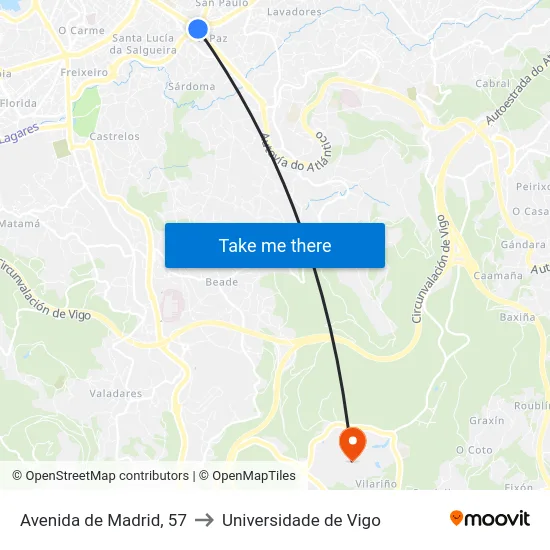 Avenida de Madrid, 57 to Universidade de Vigo map