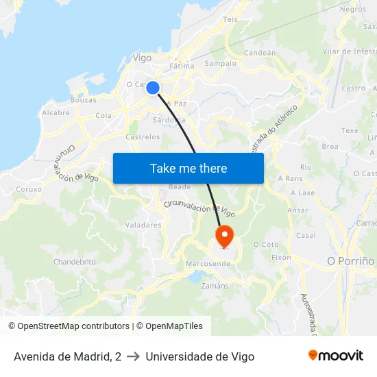 Avenida de Madrid, 2 to Universidade de Vigo map