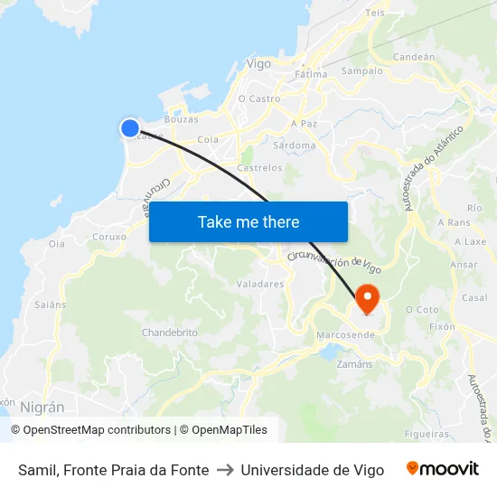 Samil, Fronte Praia da Fonte to Universidade de Vigo map