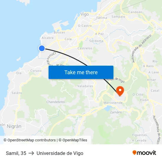 Samil, 35 to Universidade de Vigo map