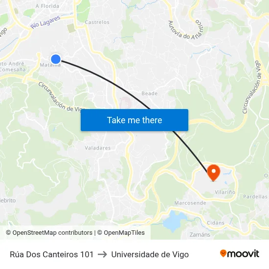 Rúa Dos Canteiros 101 to Universidade de Vigo map