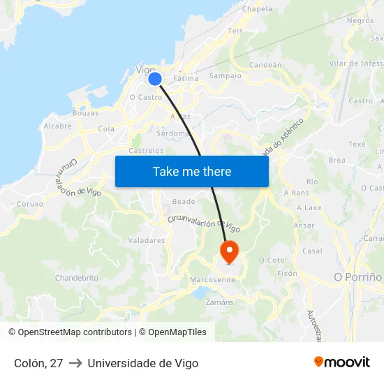 Colón, 27 to Universidade de Vigo map