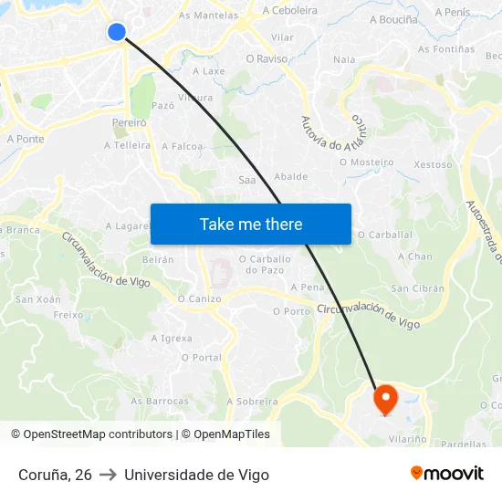 Coruña, 26 to Universidade de Vigo map