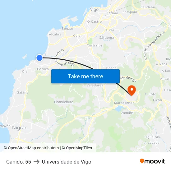 Canido, 55 to Universidade de Vigo map