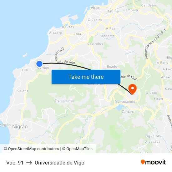 Vao, 91 to Universidade de Vigo map