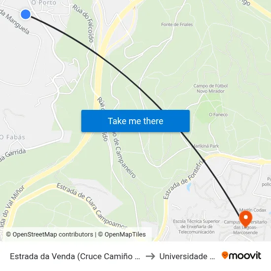Estrada da Venda (Cruce Camiño da Coutadiña) to Universidade de Vigo map