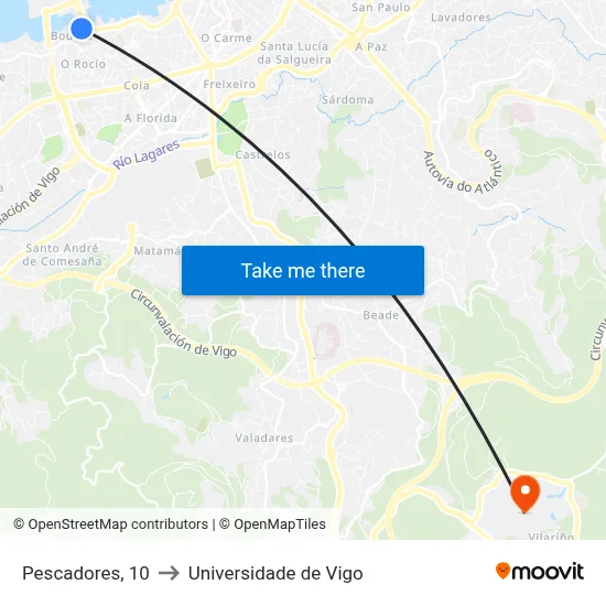 Pescadores, 10 to Universidade de Vigo map